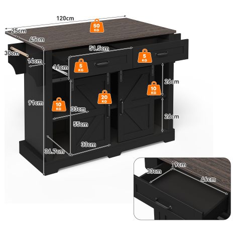 Îlot de cuisine avec plan de travail à abattant  Desserte de cuisine sur roulettes  Meuble bas avec 2 portes coulissantes et 2 tiroirs  Style « Porte de grange » — Noir  Unité de rangement pour cuisin