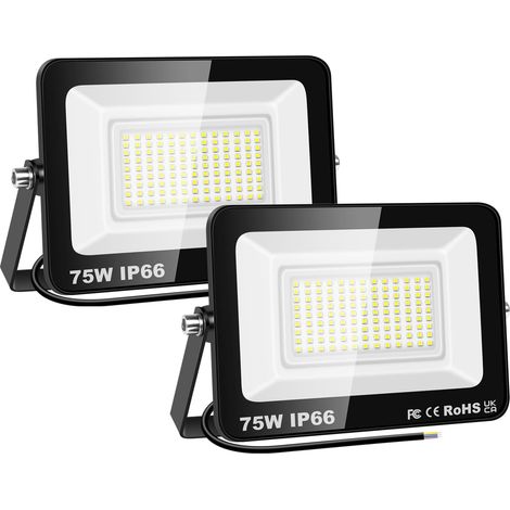 2 Pcs Projecteur LED Extérieur 75W 7500LM, 6000K Blanc Froid Spot LED Extérieur, IP66 Étanche Lumière Eclairage de Sécurité pour Patio Jardin Garage Entrée Terrasse Cour, Sans prise (1/5)