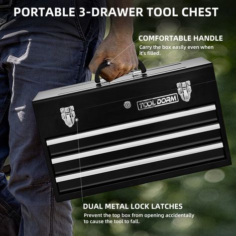 Boîte à outils métallique 20,3 pouces avec tiroirs,structure acier portable doublure protectrice fermeture serrure garage maison (noir-3 tiroirs)