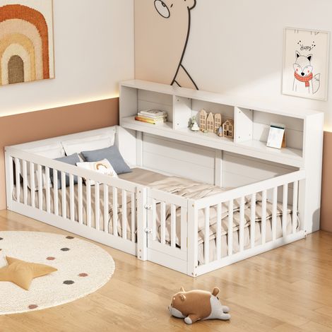 Lit banquette moderne 90x200 cm en pin blanc avec sommier à lattes, barrières de sécurité ouvrantes et rangements latéraux (1/5)