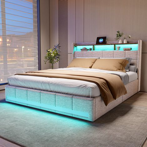 Lit 140 x 200 avec sommier,lit 2 personnes avec tiroirs et étagères de rangement ouvertes,lit double rembourré avec LED et USB,lit 140 x 200 avec sommier à lattes en bois, lin beige