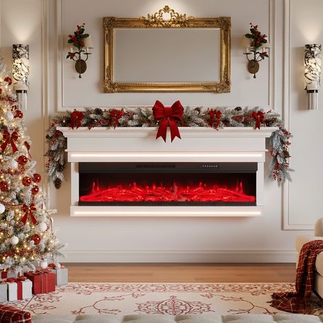 Elektrischer Wandkamin 127 cm – Hochglanzfinish – Fernbedienung, Flammen-/Lichteinstellung, Heizung mit 2 Leistungsstufen (750 W/1500 W) – Weiß
