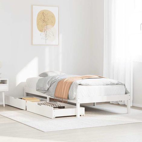 Cadre de Lit avec Sommier Lattes et 2 Tiroirs Rangement Bois Pin Massif Blanc 75x190 cm Charge 100 kg (1/4)