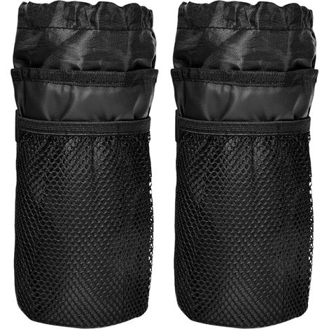 Lot de 2 sacs de rangement porte-gobelets en maille noire avec cordon de serrage, montables universellement sur vélo, poussette et scooter pour gourdes et gobelets thermos (1/5)