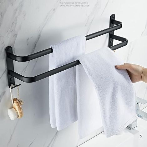 porte-serviettes mural porte-serviettes de salle de bain porte-serviettes collant noir mat porte-serviettes en alliage d'aluminium non perforé porte-serviettes 40cm double tige MNS (1/3)