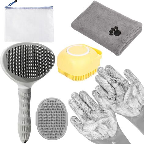 6-in-1 Grey Pet Grooming Kit: Hair Brush, Towel, Washing Gloves, Slicker Brush, and Shampoo Scrubber for Dogs and Cats (1/5)