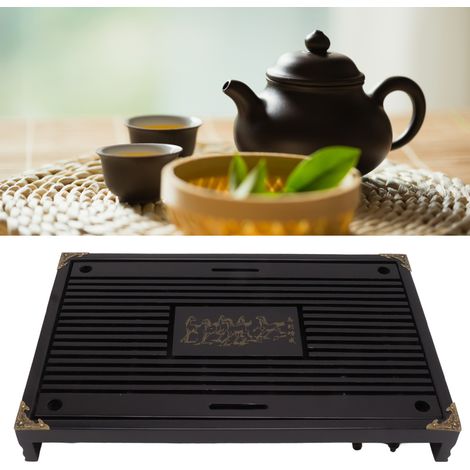 Kung-Fu-Teetablett „Erfolgreiche Ankunft des Pferdes“, Teetablett mit Wasserschublade, Teetablett mit Tropfsystem und Wasserreservoir, Schwarz (1/5)