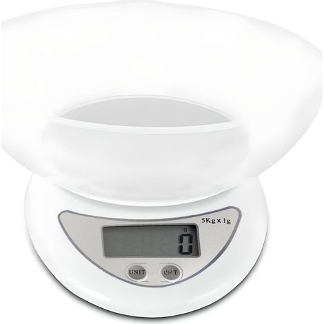 Balance de cuisine numérique de précision 5 kg/1 g avec minuteur, grand bol, étalonnage automatique et écran LCD pour la cuisine et la pâtisserie.