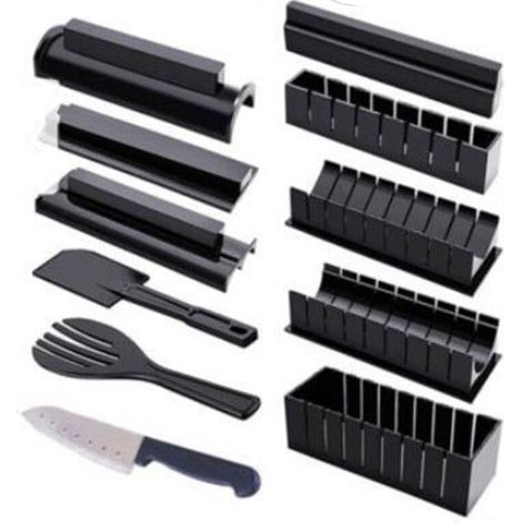 11-teiliges Sushi-Set zur Zubereitung eigener Sushi-Rollen, inklusive 8 verschieden geformter Reisformen, einem Sushi-Messer, einer Gabel und einem Spatel. Ideal für den Hausgebrauch. (1/5)