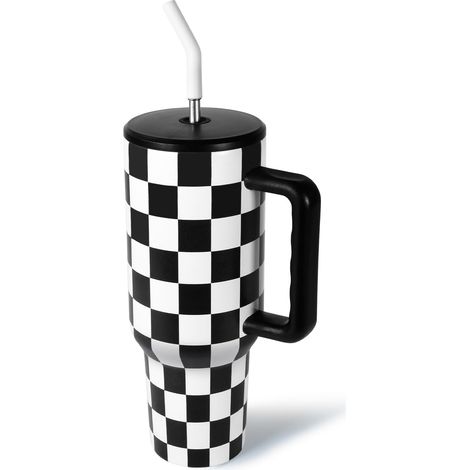 Gobelet de 1200 ml avec poignée, gobelet isotherme à carreaux en acier inoxydable - Tasse à café de voyage pour homme et femme - Cadeau d'anniversaire et de Noël - Noir et blanc (1/5)
