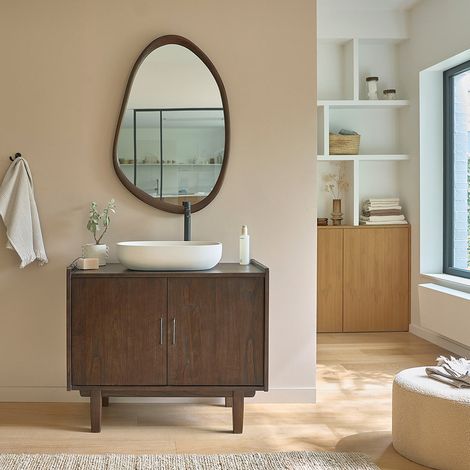 Berah Getah – Meuble sous vasque simple en bois de mindy 90 cm – Grand placard à 2 portes – Finition anti-humidité – Design vintage élégant (1/5)