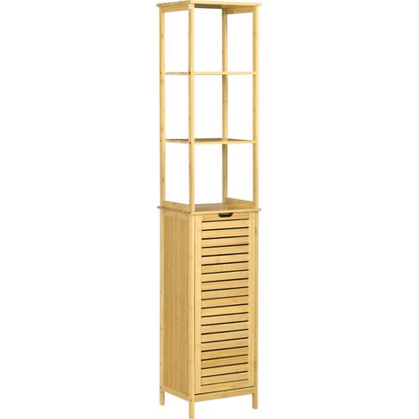 Armoire de salle de bain en bambou 34 x 30 x 173 cm avec 3 étagères ouvertes et 1 porte, protection anti-basculement, design naturel (1/5)