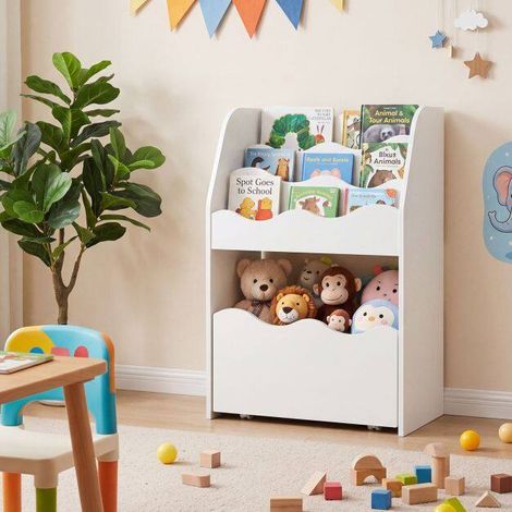 Bibliothèque enfant blanche en bois avec 4 étagères et tiroir roulant, bords arrondis pour chambre, salle de jeux et école (1/5)