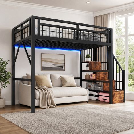 Cama alta 90 x 200 cm de metal y MDF, con tira LED, escalera de almacenamiento, negro (1/5)