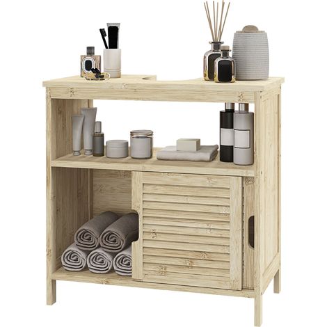 Unterschrank aus Bambus, Badezimmerschrank mit 2 Türen, 60 x 30 x 60 cm, Naturholz