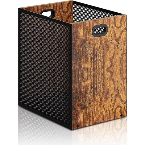 Poubelle de bureau, 28 x 20 x 30 cm, rectangulaire, en fer et bois, décorative, style industriel, avec poignée, moderne, pour chambre à coucher et bureau à domicile (1/5)