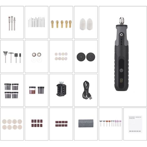 Mini outil rotatif sans fil 25 000 tr/min, 5 vitesses, alimenté par batterie rechargeable, avec 23 accessoires, écran LCD pour le ponçage, le polissage, le perçage, la gravure et les travaux manuels. (1/5)