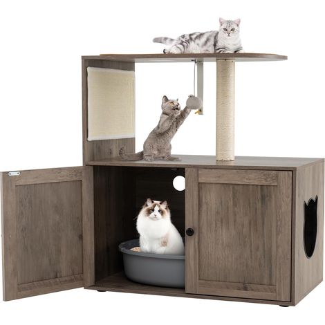 GOPLUS Meuble Litière pour Chats, Maison de Toilette pour Chats avec Griffoir en Sisal, Tiroir Pratique, Tapis de Grattage, Trou de Ventilation, Grand Perchoir Supérieur,