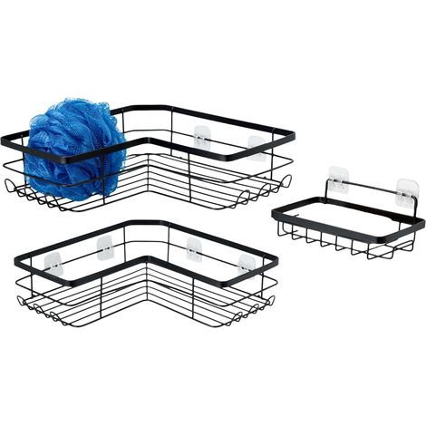 L-shaped stainless steel adhesive shower shelves, 3 pieces, black. Set of 3 L-shaped stickers. (1/4)