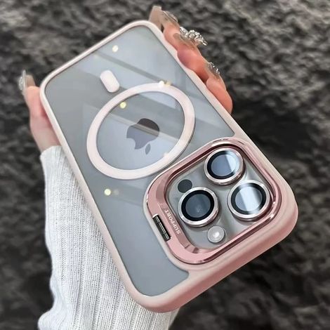 (iPhone 13, Rose) Étui de téléphone magnétique antichoc pour iPhone avec support et protection d'objectif en verre.
