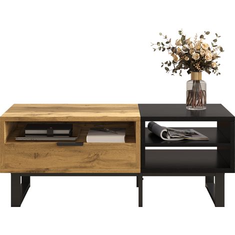 CHICFURN Mesa de centro 100x50x40 cm de aglomerado negro y madera con cajón y 3 huecos (1/5)