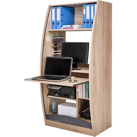 Les Tendances – Armoire informatique à rideaux chêne et noir 80cm – Panneaux mélaminés – Étagère réglable – Range-CD 15 unités – Tablette coulissante
