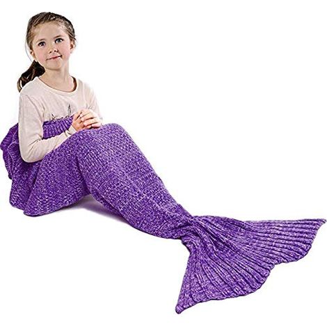 MINKUROW Manta De Sirena Personalizada, Tejida A Mano, Cálida, Para Sala De Estar, Sofá, Manta Para Niños, Regalo De Cumpleaños, Navidad, Patrón De Punto De Sirena, Saco De Dormir (Morado) (1/5)