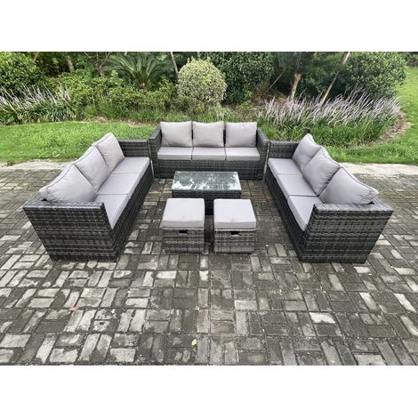 Fimous Outdoor Lounge Sofa Set Wicker PE Rattan Garden Furniture Set with Oblong Coffee Table 2 Small Footstools Dark Grey Mixed (1/5)