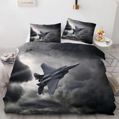 Bettwäsche-Set 155x220cm 3-teilig mit 2 Kissenbezügen 80x80cm, 3D Flugzeug Motiv, Mikrofaser, Reißverschluss