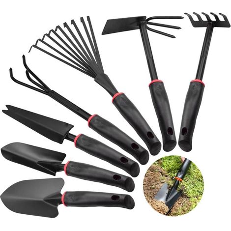 7 Pcs Ensemble Outils de Jardinage, Cultivateur Rateau Pelle Jardinage Antidérapants Transplantoirs Rateau à Fleurs Semis Taille (1/5)