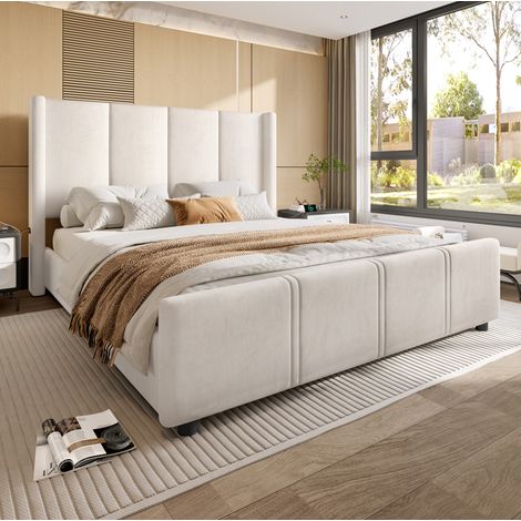 Cama tapizada moderna 140x200 cm en terciopelo beige, cabecero alto con USB/Type-C y piecero alto (1/5)