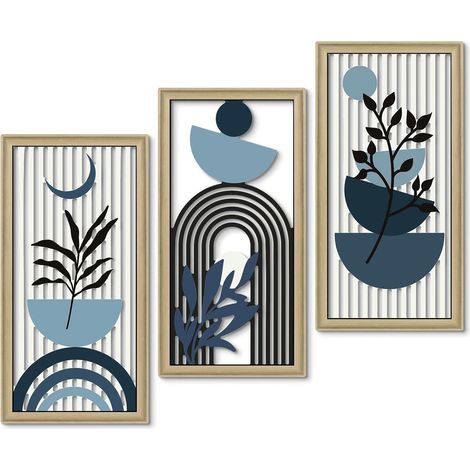 Lot de 3 tableaux muraux encadrés, art abstrait bleu gris noir, plantes graphiques formes géométriques, cadres bois clair, décoration salon chambre bureau entrée (1/5)