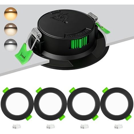Spots LED Encastrables 230V 6W, Découpe Ø55-68mm Spot LED Encastrable 3CCT 2700K/4000K/6000K, Ultra Plat 25mm IP44 Spots LED Plafond pour Salle de Bain Cuisine Salon, Noir (1/5)
