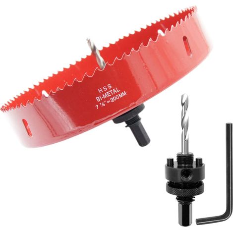 Scie cloche 200mm, mèche cloche à arbre pour usage intensif, foret 4341, outil de perçage pour percer des trous dans différents types de bois, aluminium, PVC, etc. (1/5)