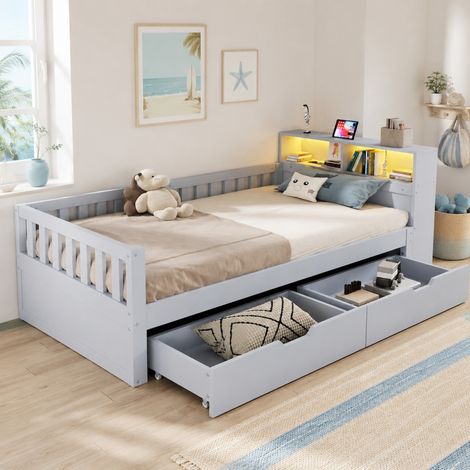 Letto contenitore 90 x 200 cm multifunzione con cassetti, LED e prese, grigio e bianco HAVRYA (1/5)