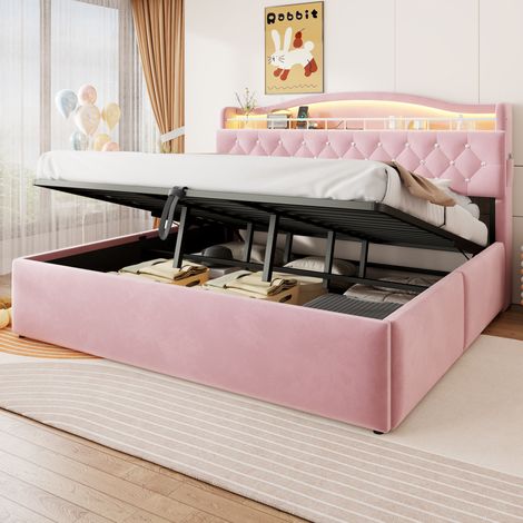 Letto imbottito 180/200 cm rosa con contenitore idraulico, USB/USB-C e testiera con cristalli (1/5)