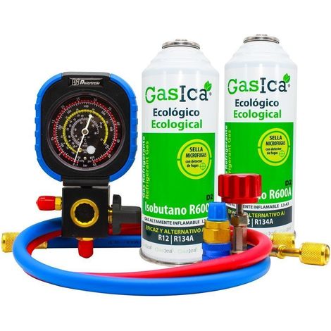PACK 2 botellas Gasica D2 Gas refrigerante sustituto R12 y R134A manometro mas llave y conector rapido (1/5)