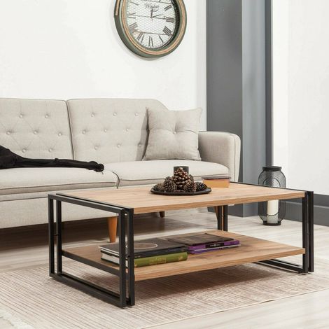 Dmora - Wohnzimmertisch Dpierozz, Niedriger Wohnzimmertisch, Kaffeeregal, Couchtisch für Sofa, 110x70h40 cm, Eiche und Schwarz (1/5)