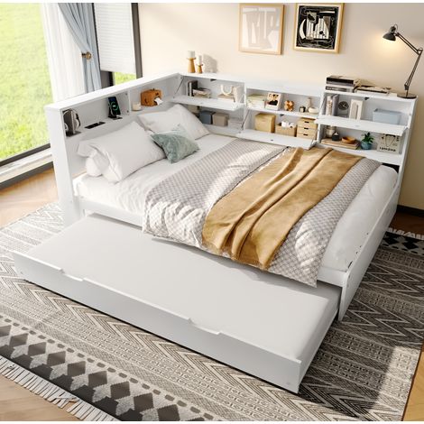 Letto daybed in pino e MDF bianco 140x200 cm con testiera portaoggetti e letto estraibile (1/5)
