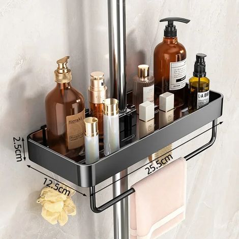 Support mural pour pommeau de douche (noir avec tige) - Fixation sans perçage - Rangement intégré pour shampoing et étagère (1/5)