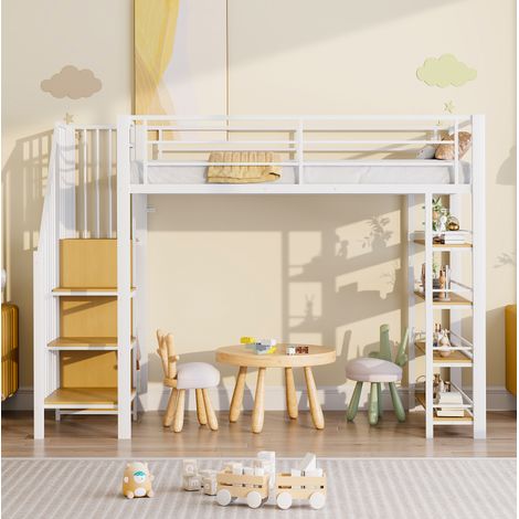 Lit mezzanine moderne 90x200 cm en métal blanc avec escalier de rangement, petite penderie, étagères et garde-corps haut (1/5)