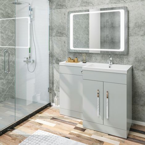 ELEGANT 1100mm L Shape Bathroom Vanity Sink Unit Furniture Storage, Matte Grey Vanity Unit with Concealed Cistern + Basin Right Hand