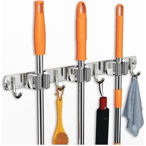 [NIEMALS VERWENDET] Besenhalterung Wand Edelstahl Gerätehalter Selbstklebend 3 Halter und 4 Haken Werkzeughalter für Garten Garage Badezimmer (1/4)