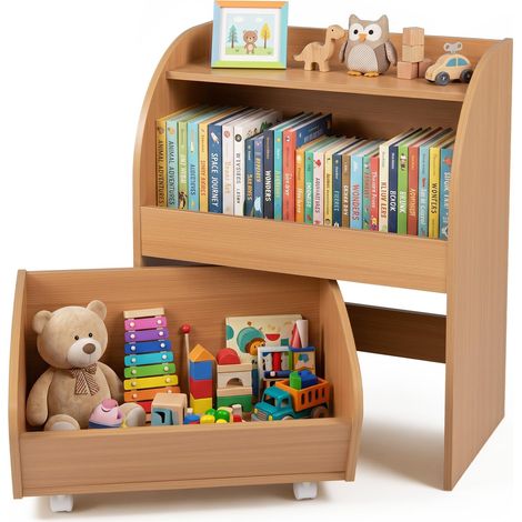 COSTWAY Bibliothèque Enfant Montessori avec Tiroir Mobile à roulettes (Naturel)