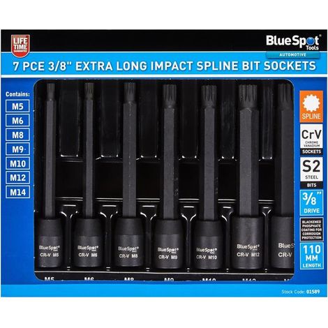 BLUESPOT Impact Spline Extra Long 7pc 3/8"" Star Bit Socket Set M5 - M14 01589