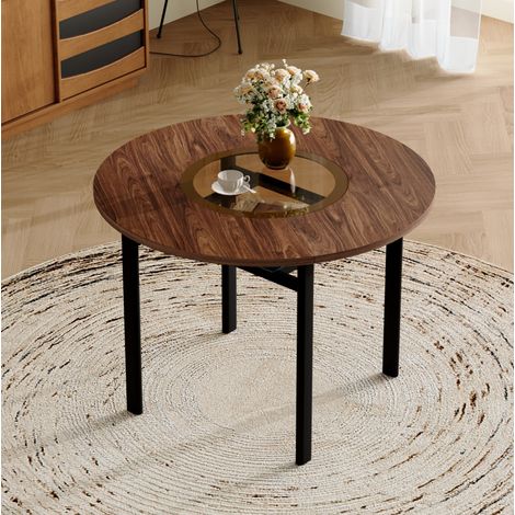 Table ronde 100 cm marron en MDF, verre et métal avec étagère inférieure (1/5)