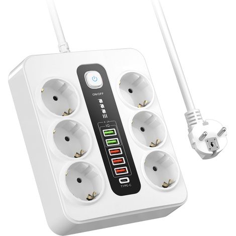 Steckdosenleiste mit 6 Ausgängen, 5 USB-A-Anschlüssen und 1 Typ-C-Anschluss, Steckdose mit Schalter, für Zuhause und Büro, Weiß (1/5)