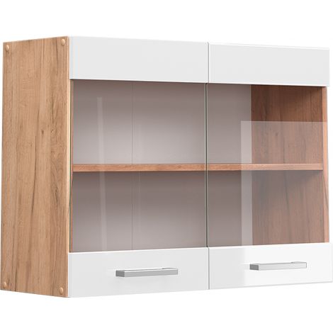 Armario de cocina con vidrio R-Line, Blanco alto brillo, 80 cm, Vicco