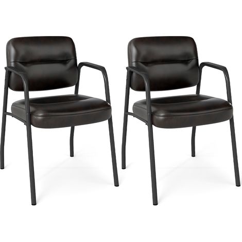 COSTWAY Waiting Room Chair No Wheels Set of 2 with Integrated Armrests-Brown (1/5)