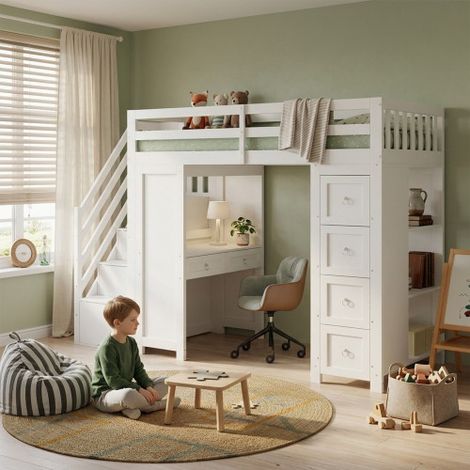 Letto a soppalco multifunzionale per bambini con contenitore e zona studio, letto a castello, tavolo integrato, cassetti, ripiani laterali, pino+MDF+truciolato, bianco, 90x200 cm (1/5)